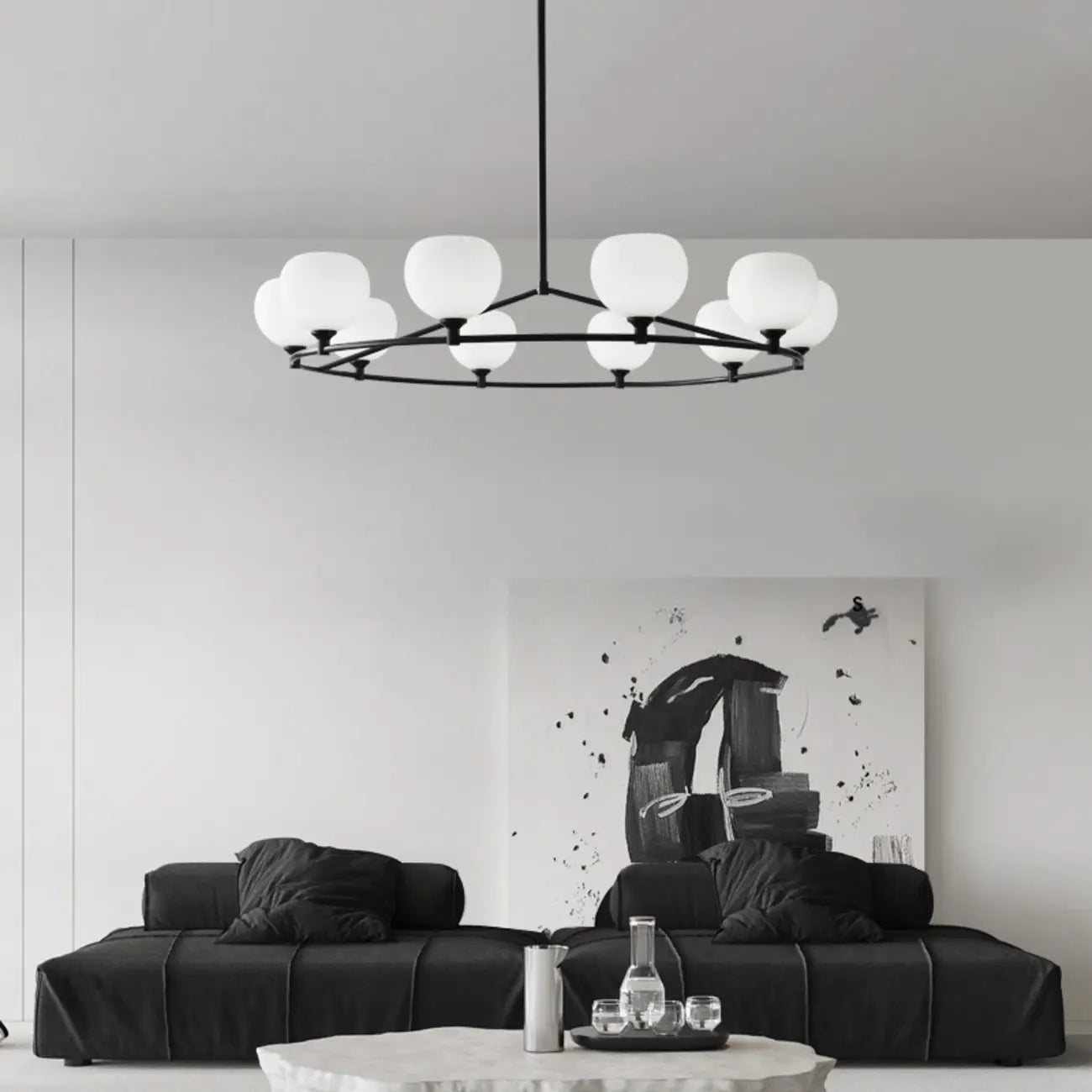 Lustre minimaliste en verre blanc et métal noir