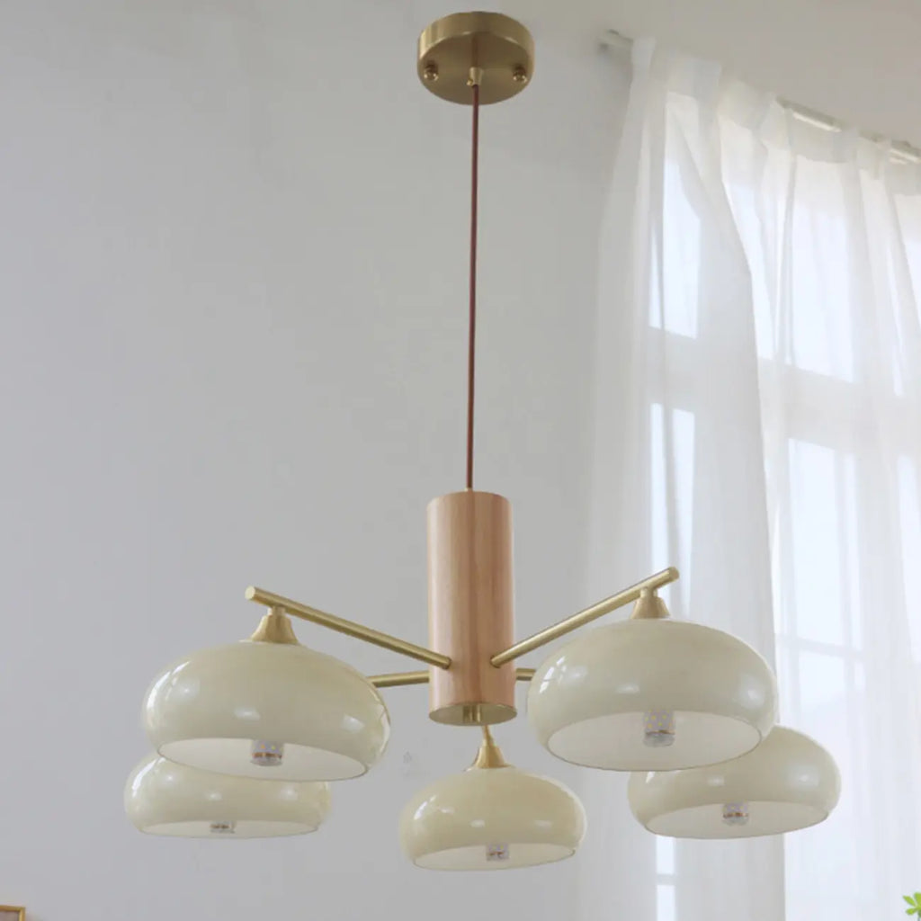Lustre contemporain en bois et verre jaune laiteux