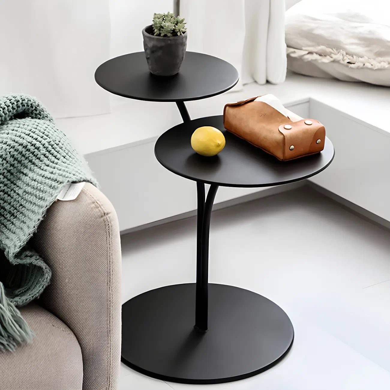 Table de chevet ronde minimaliste en métal à 2 niveaux
