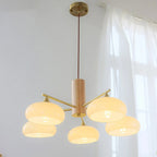 Lustre contemporain en bois et verre jaune laiteux