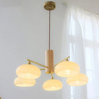 Lustre contemporain en bois et verre jaune laiteux
