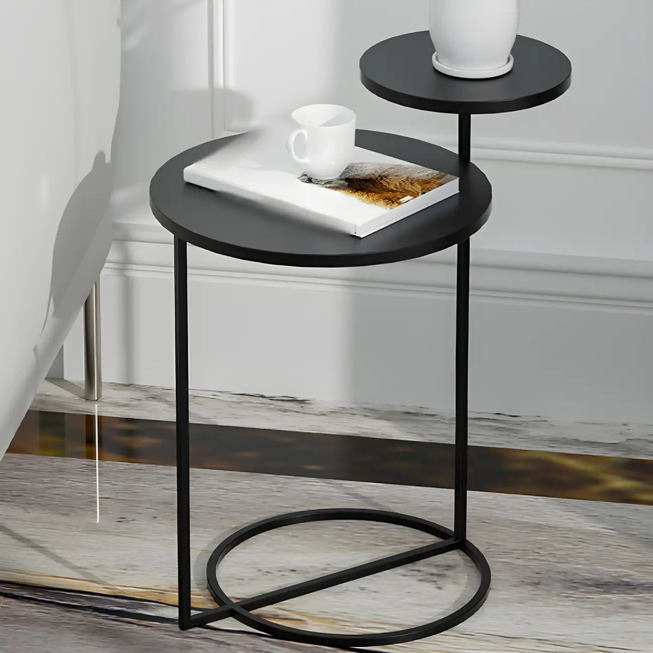 Table de chevet ronde minimaliste en métal à 2 niveaux