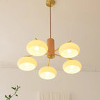 Lustre contemporain en bois et verre jaune laiteux