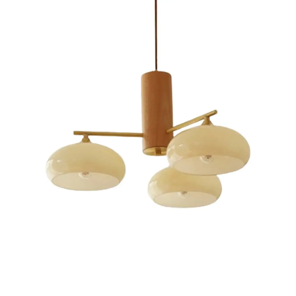 Lustre contemporain en bois et verre jaune laiteux