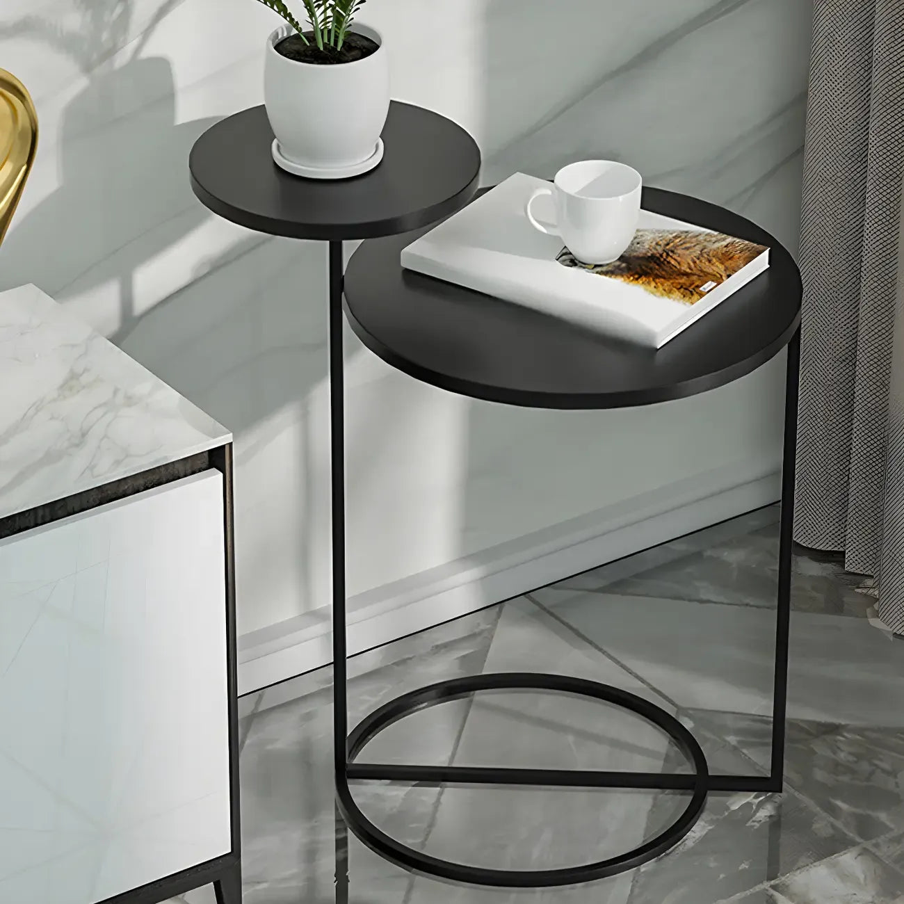 Table de chevet ronde minimaliste en métal à 2 niveaux