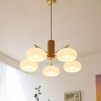 Lustre contemporain en bois et verre jaune laiteux