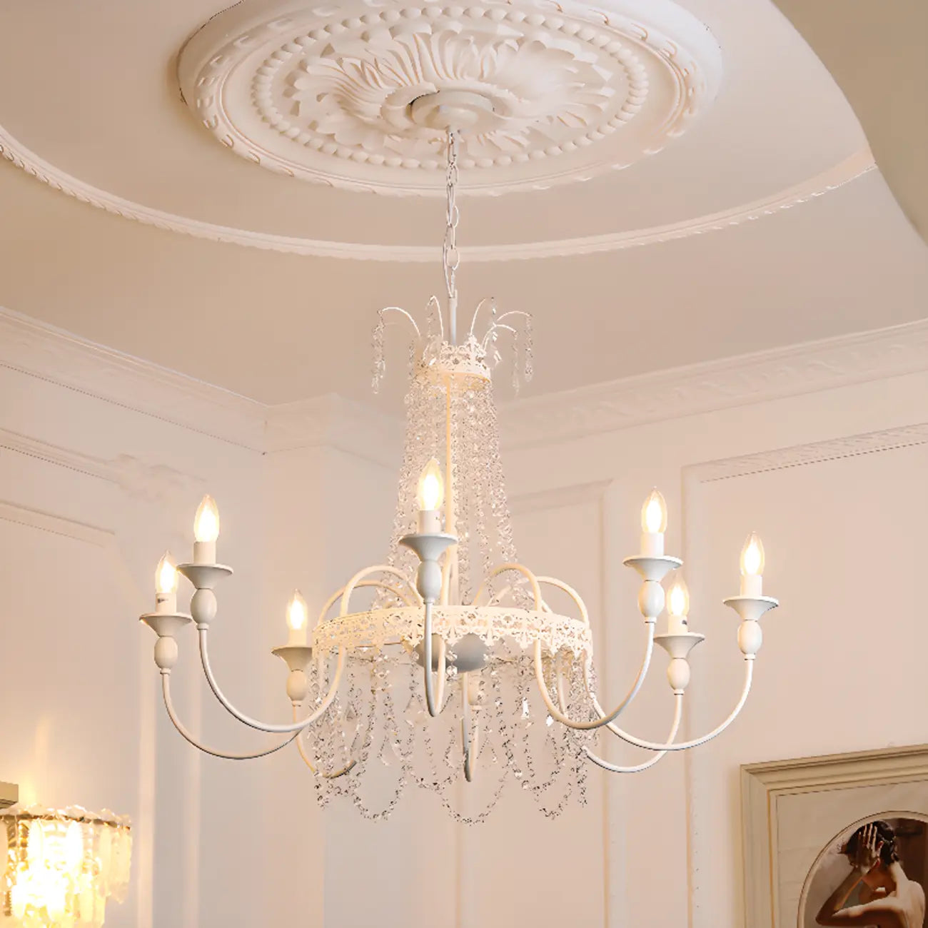 Lustre moderne en métal et cristal, style candélabre, couleur craie