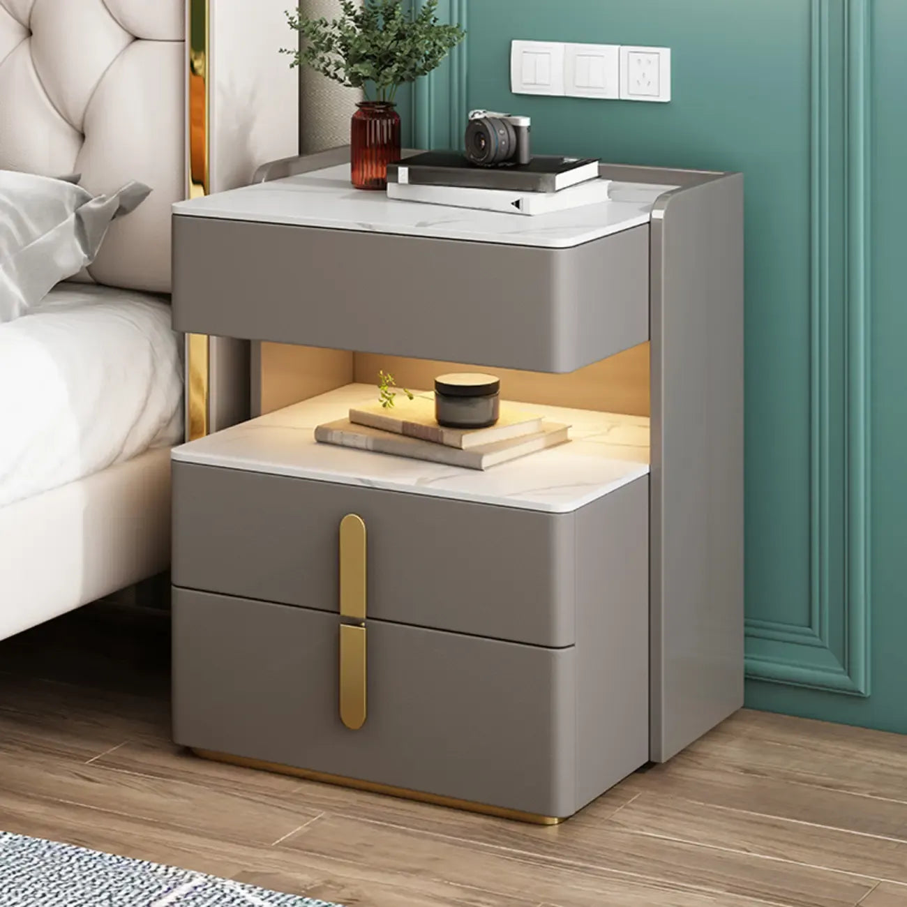 Table de chevet à 3 tiroirs en marbre blanc avec éclairage LED