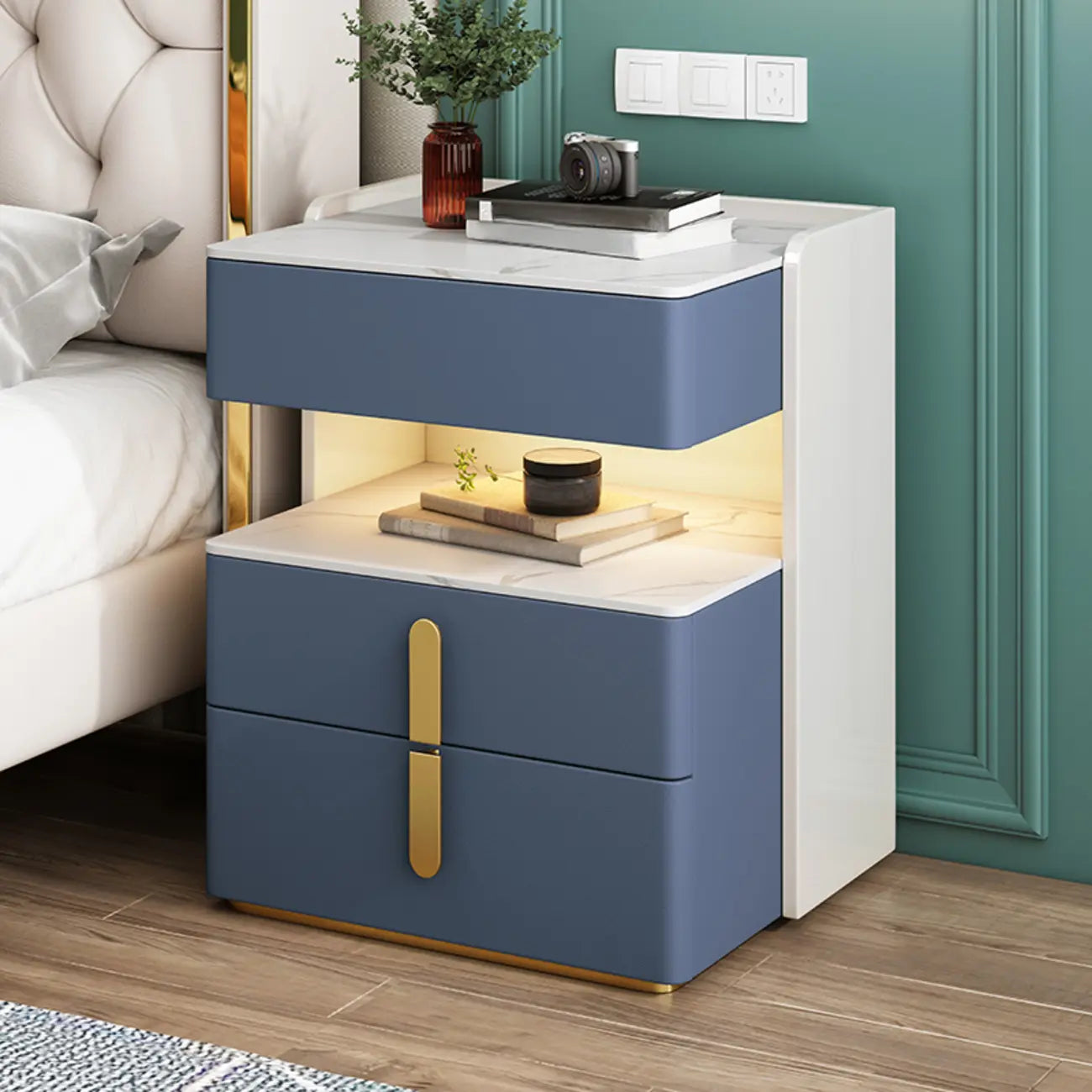 Table de chevet à 3 tiroirs en marbre blanc avec éclairage LED