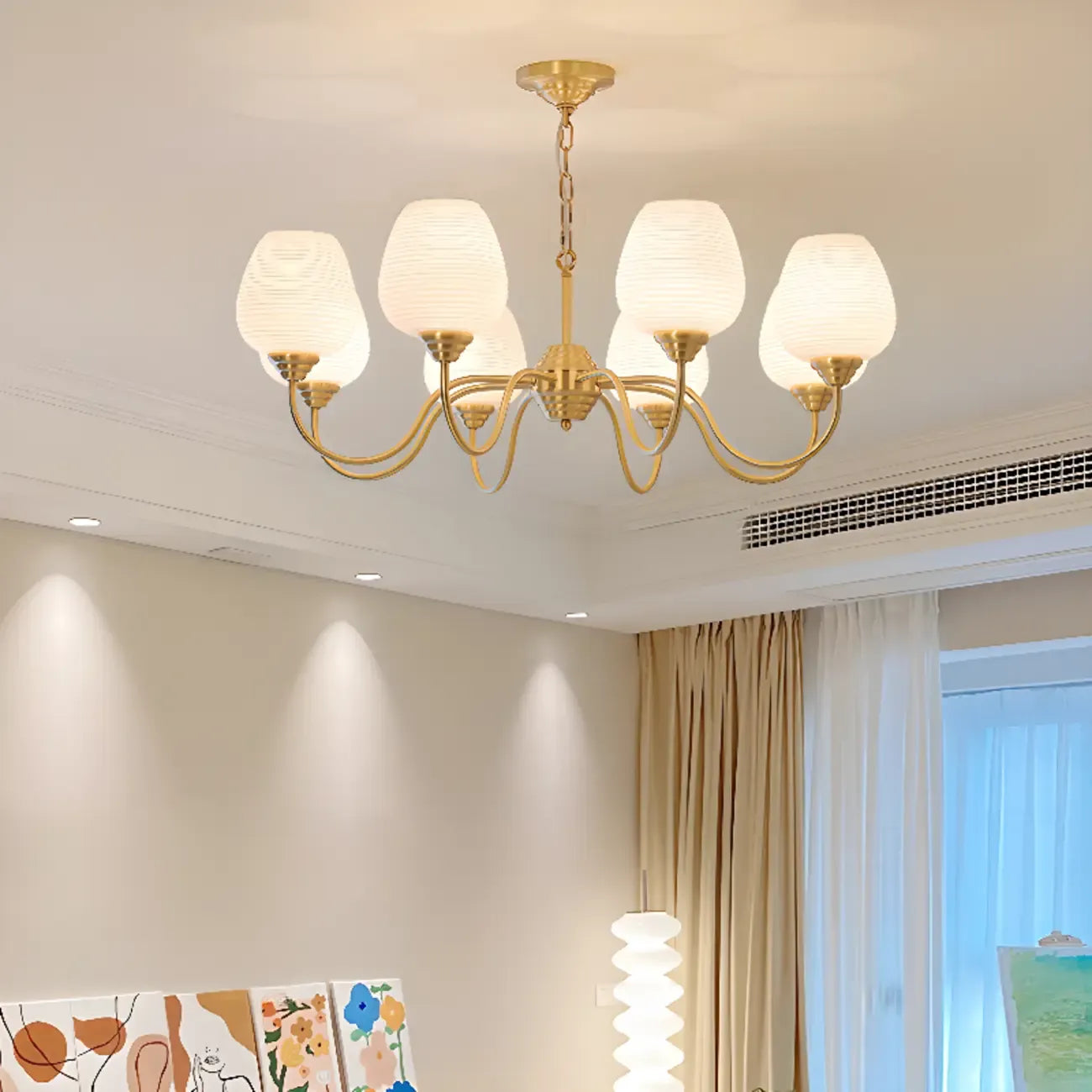 Lampadario in Ottone Dorato Vintage a 8 Luci con Lunghezza Regolabile