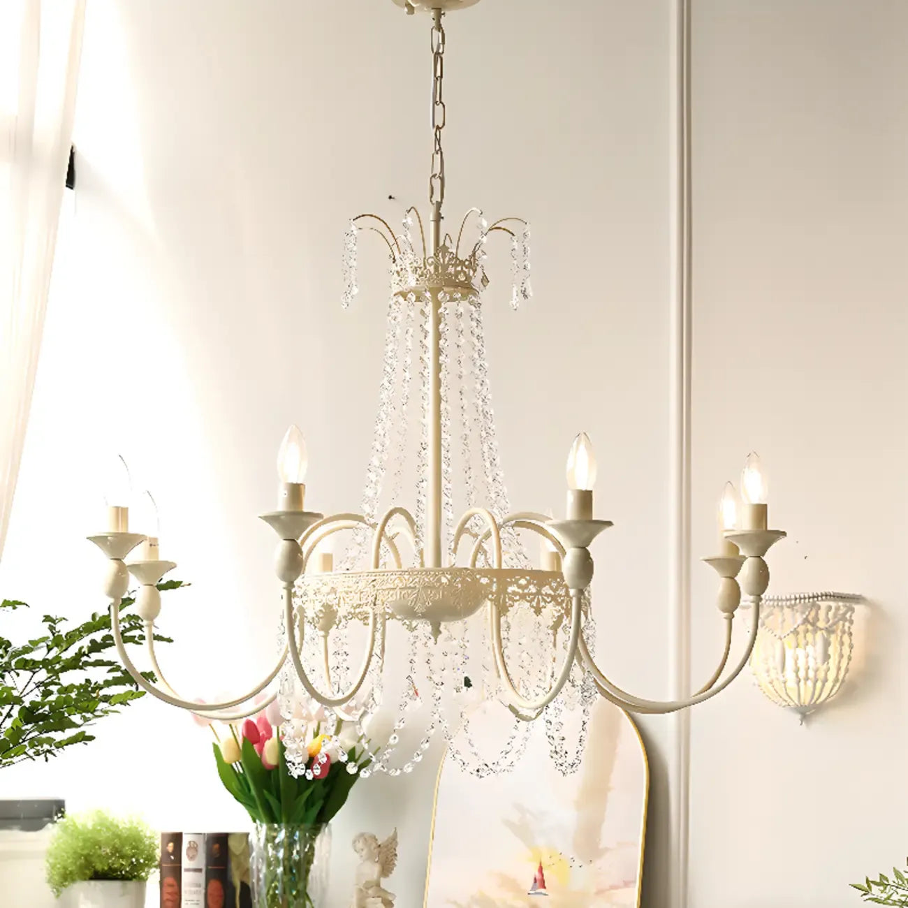 Lustre moderne en métal et cristal, style candélabre, couleur craie