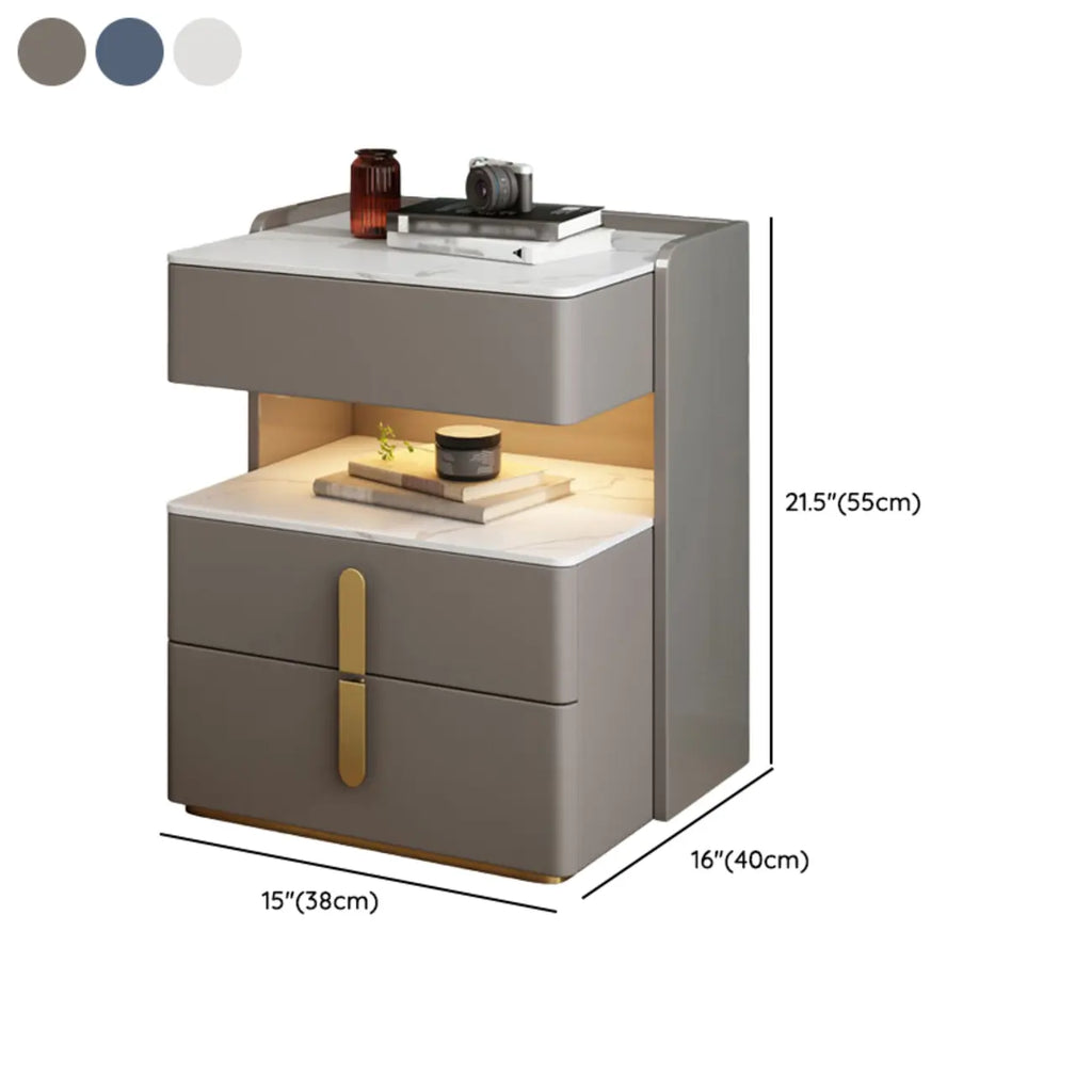 Table de chevet à 3 tiroirs en marbre blanc avec éclairage LED