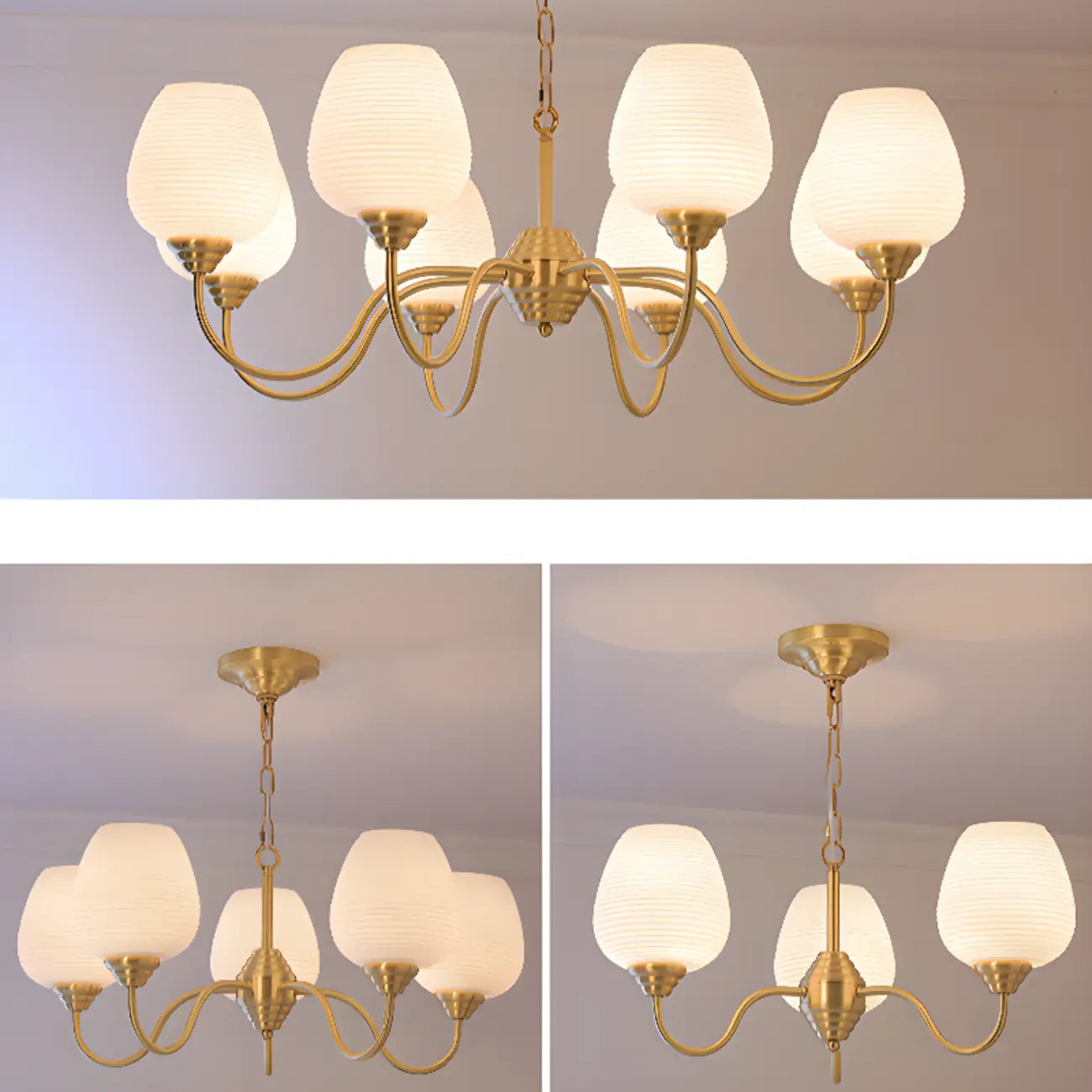 Lustre vintage en laiton doré à 8 lumières, longueur de suspension réglable