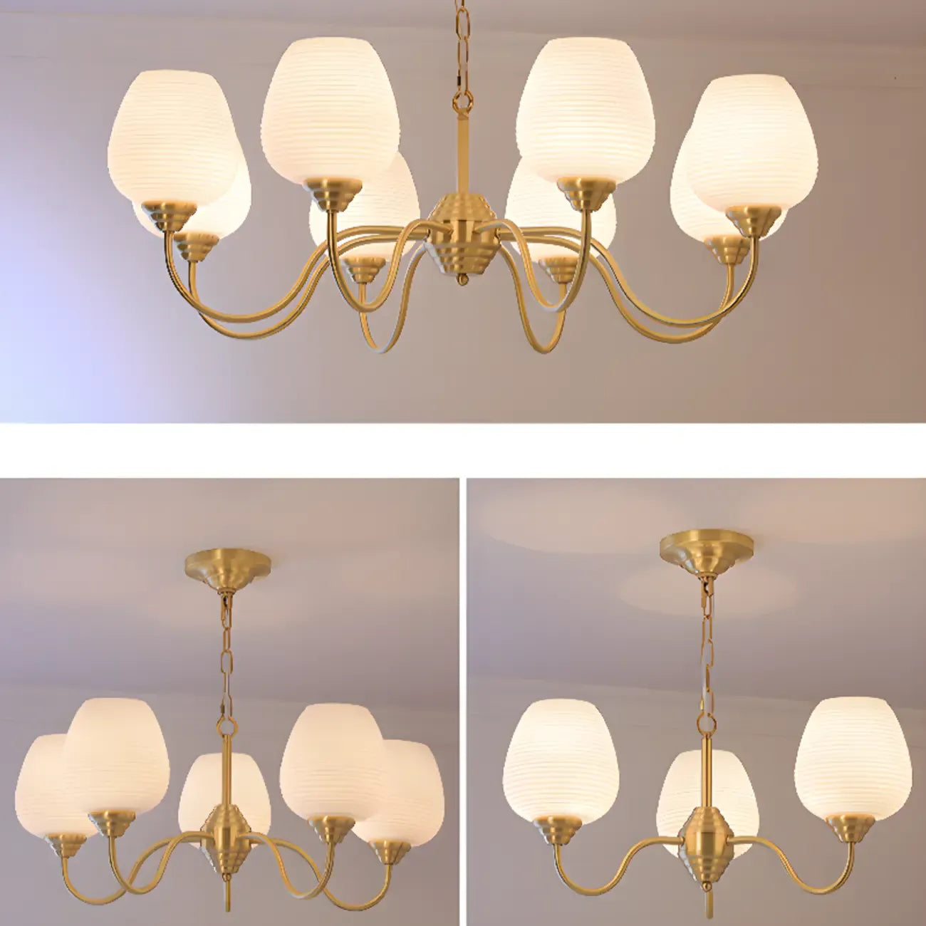 Lustre vintage en laiton doré à 8 lumières, longueur de suspension réglable