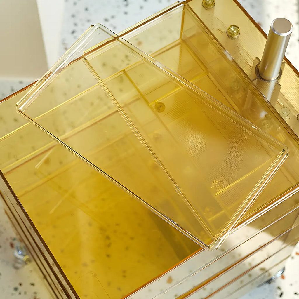Comodino giallo vivace trasparente con cassetti e ruote