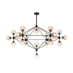 Lustre industriel noir à globe avec abat-jour en verre cognac