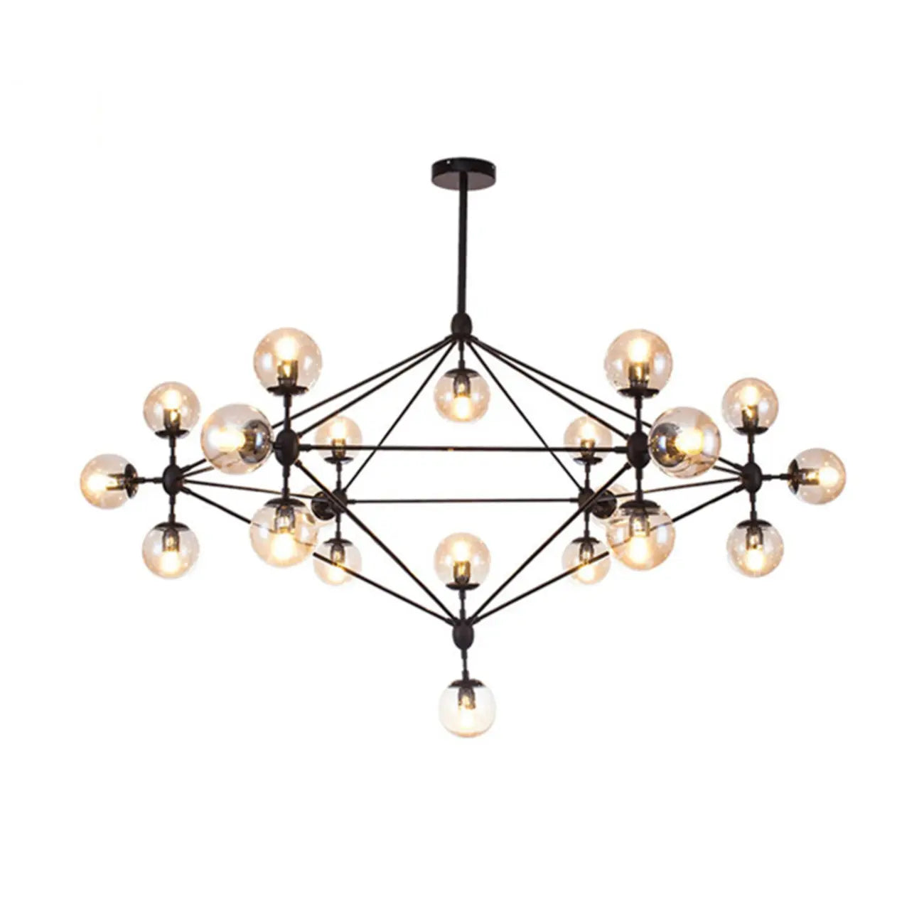 Lustre industriel noir à globe avec abat-jour en verre cognac