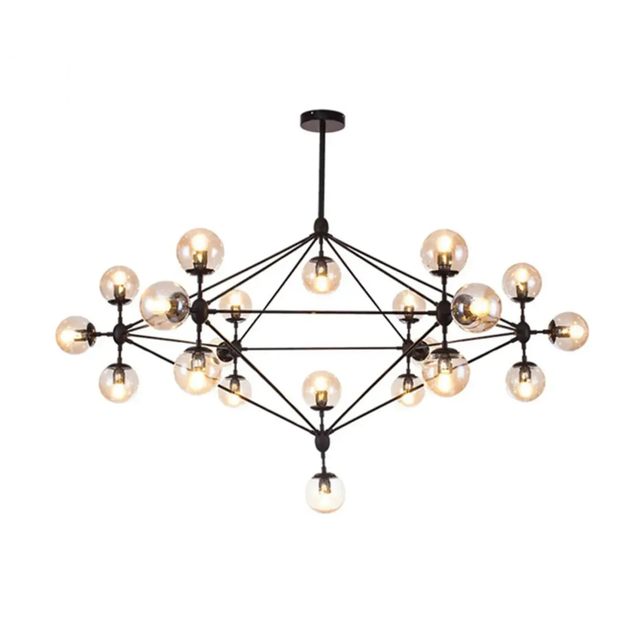 Lustre industriel noir à globe avec abat-jour en verre cognac