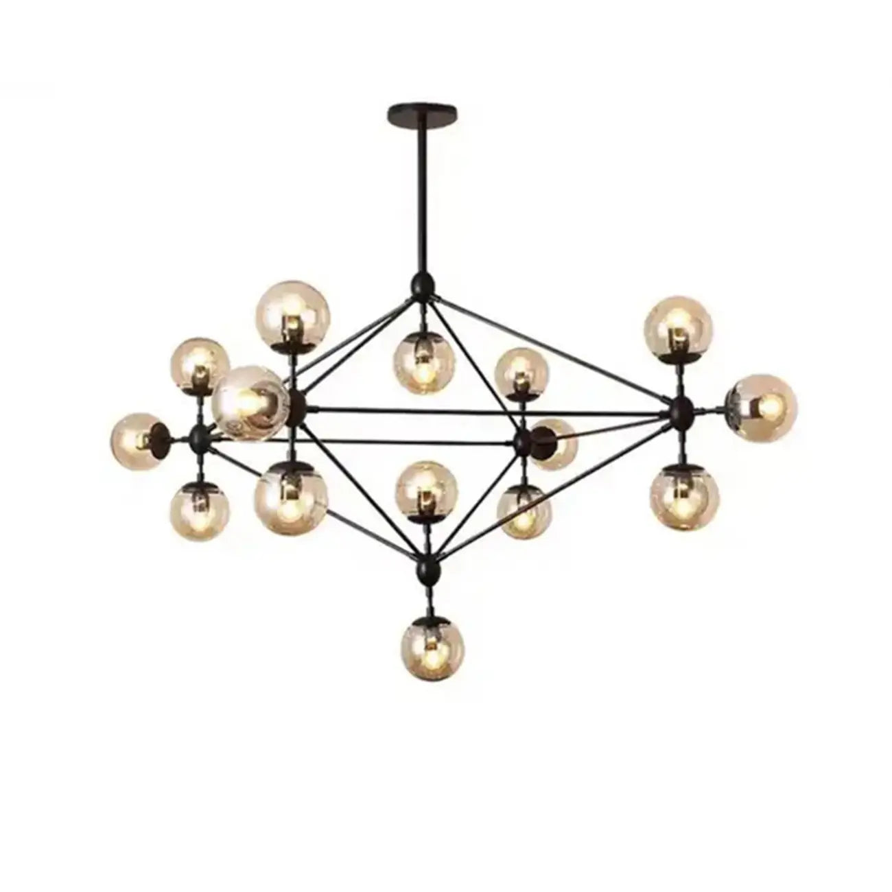 Lustre industriel noir à globe avec abat-jour en verre cognac