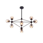 Lustre industriel noir à globe avec abat-jour en verre cognac