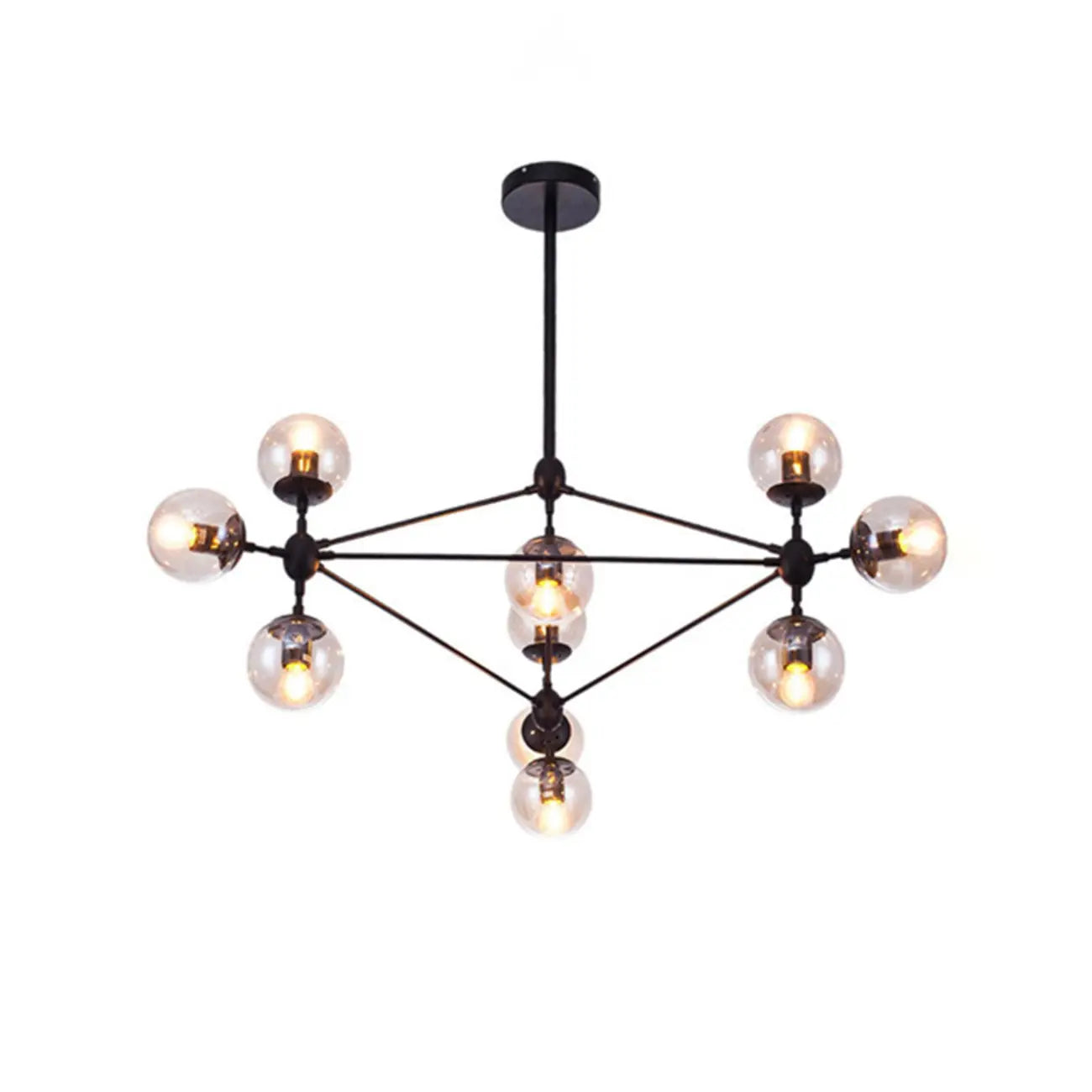 Lustre industriel noir à globe avec abat-jour en verre cognac
