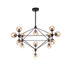 Lustre industriel noir à globe avec abat-jour en verre cognac