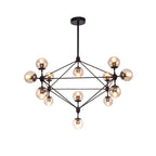 Lustre industriel noir à globe avec abat-jour en verre cognac