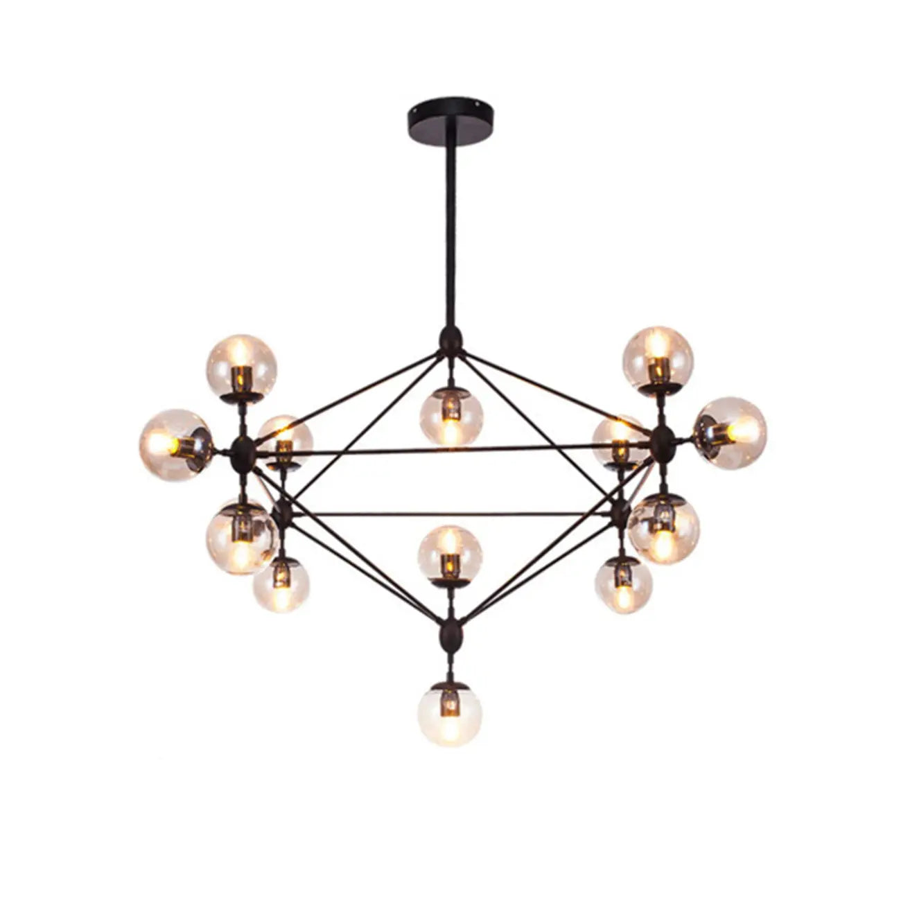 Lustre industriel noir à globe avec abat-jour en verre cognac
