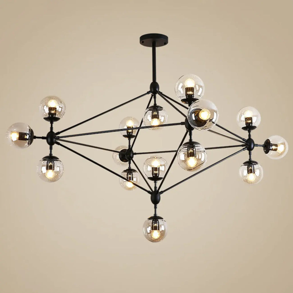 Lustre industriel noir à globe avec abat-jour en verre cognac