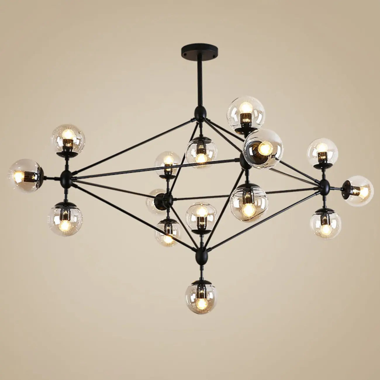 Lustre industriel noir à globe avec abat-jour en verre cognac