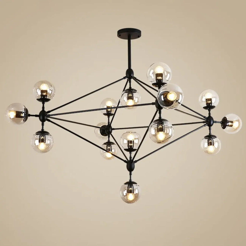 Lustre industriel noir à globe avec abat-jour en verre cognac