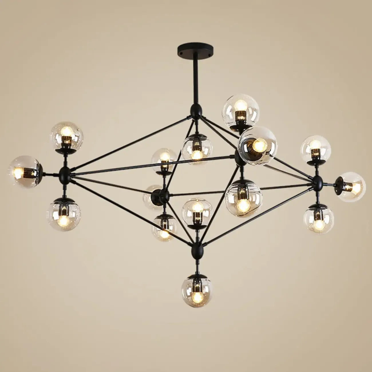 Lustre industriel noir à globe avec abat-jour en verre cognac