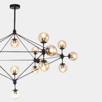 Lustre industriel noir à globe avec abat-jour en verre cognac