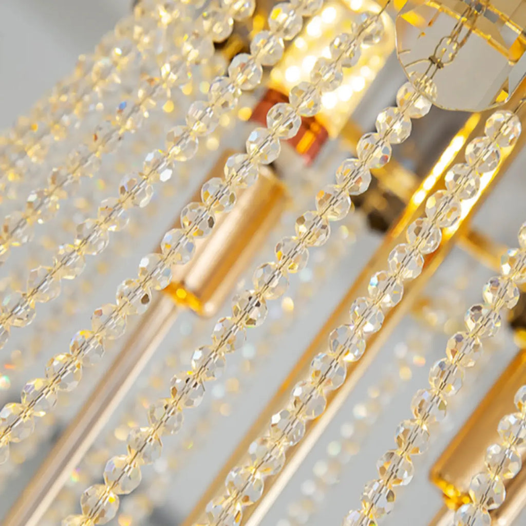 Lustre luxueux en cristal doré à long cascade