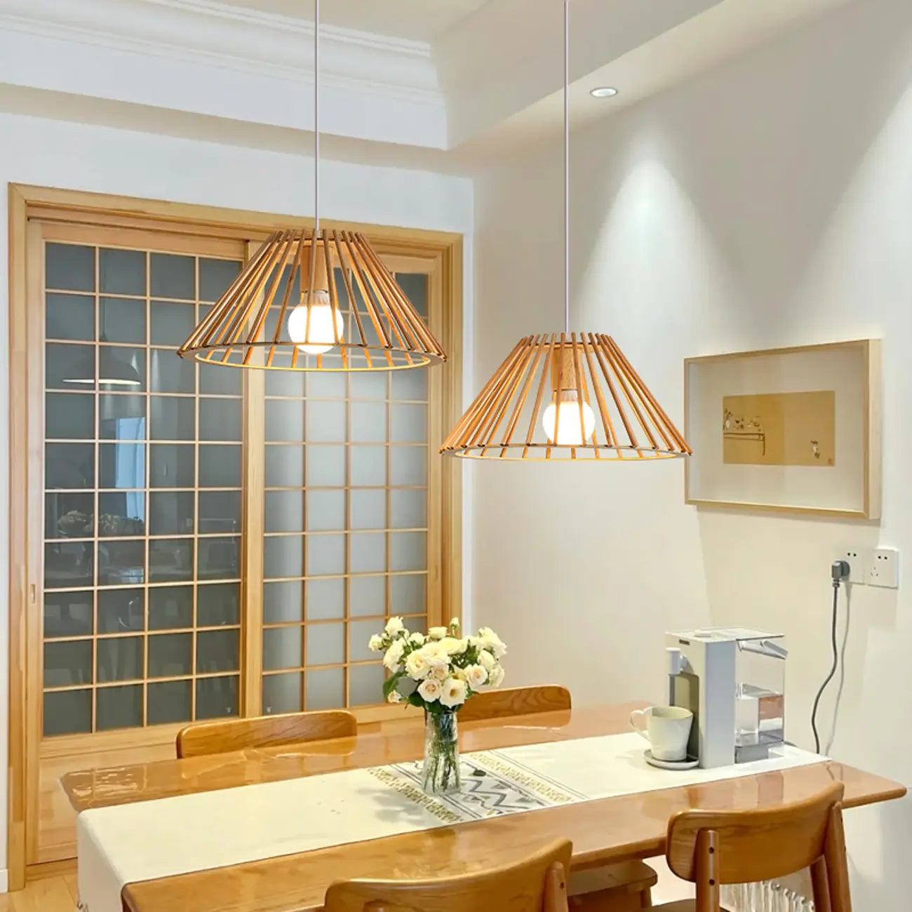 Suspension géométrique moderne en bois à 2 lumières pour salle à manger
