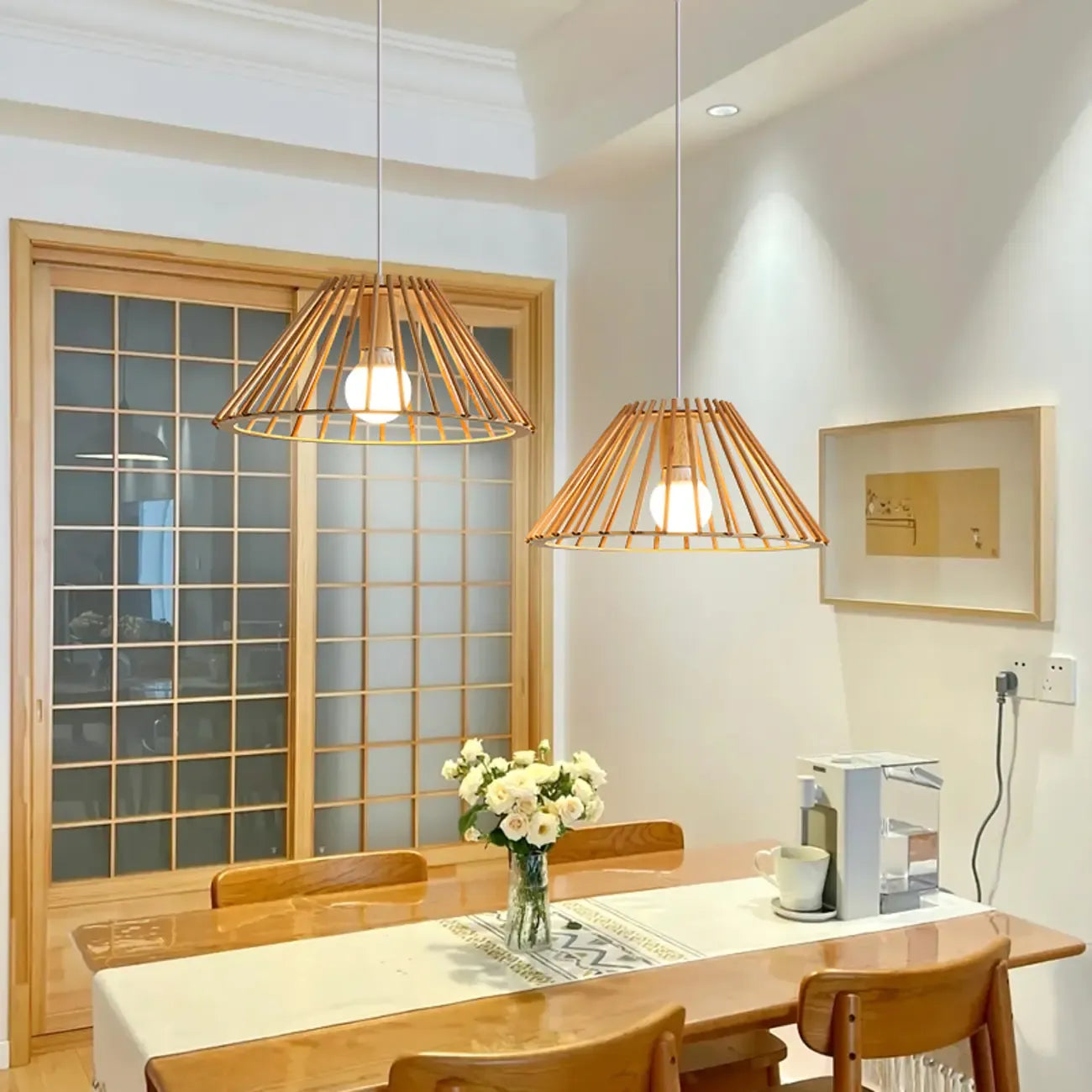 Suspension géométrique moderne en bois à 2 lumières pour salle à manger