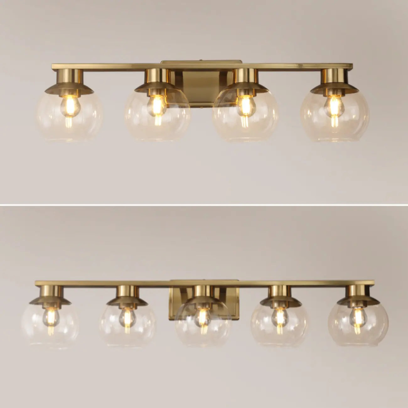 Appliques de salle de bain classiques en laiton avec abat-jour sphérique transparent