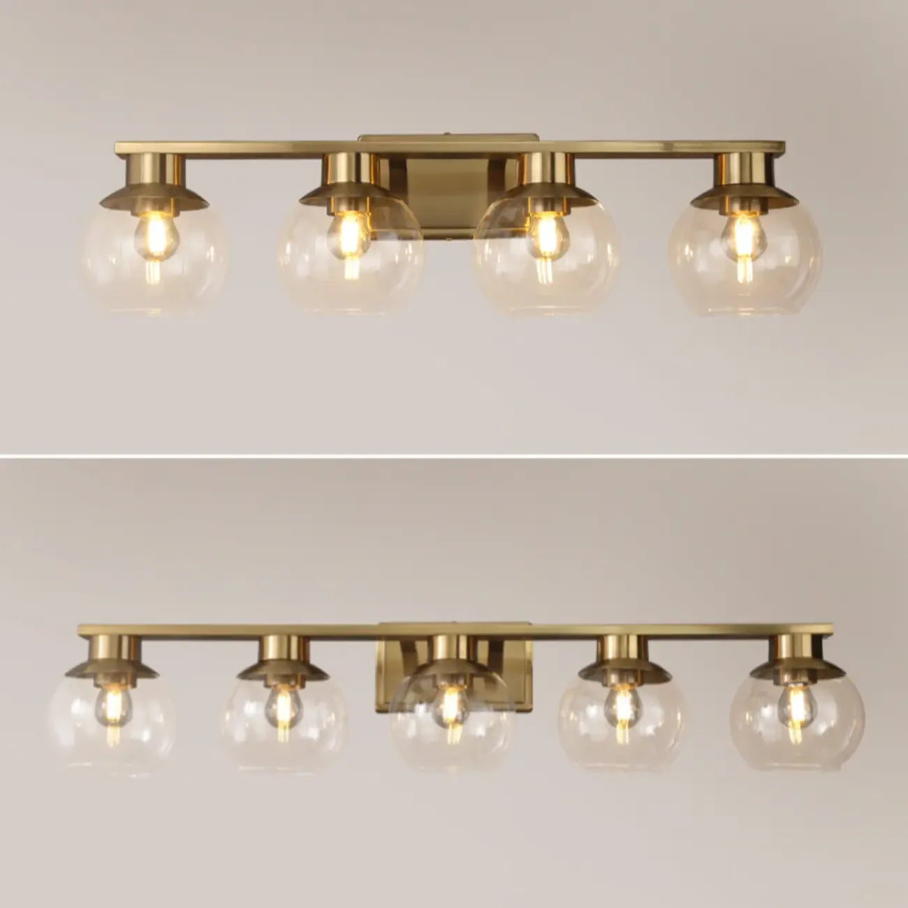 Appliques de salle de bain classiques en laiton avec abat-jour sphérique transparent