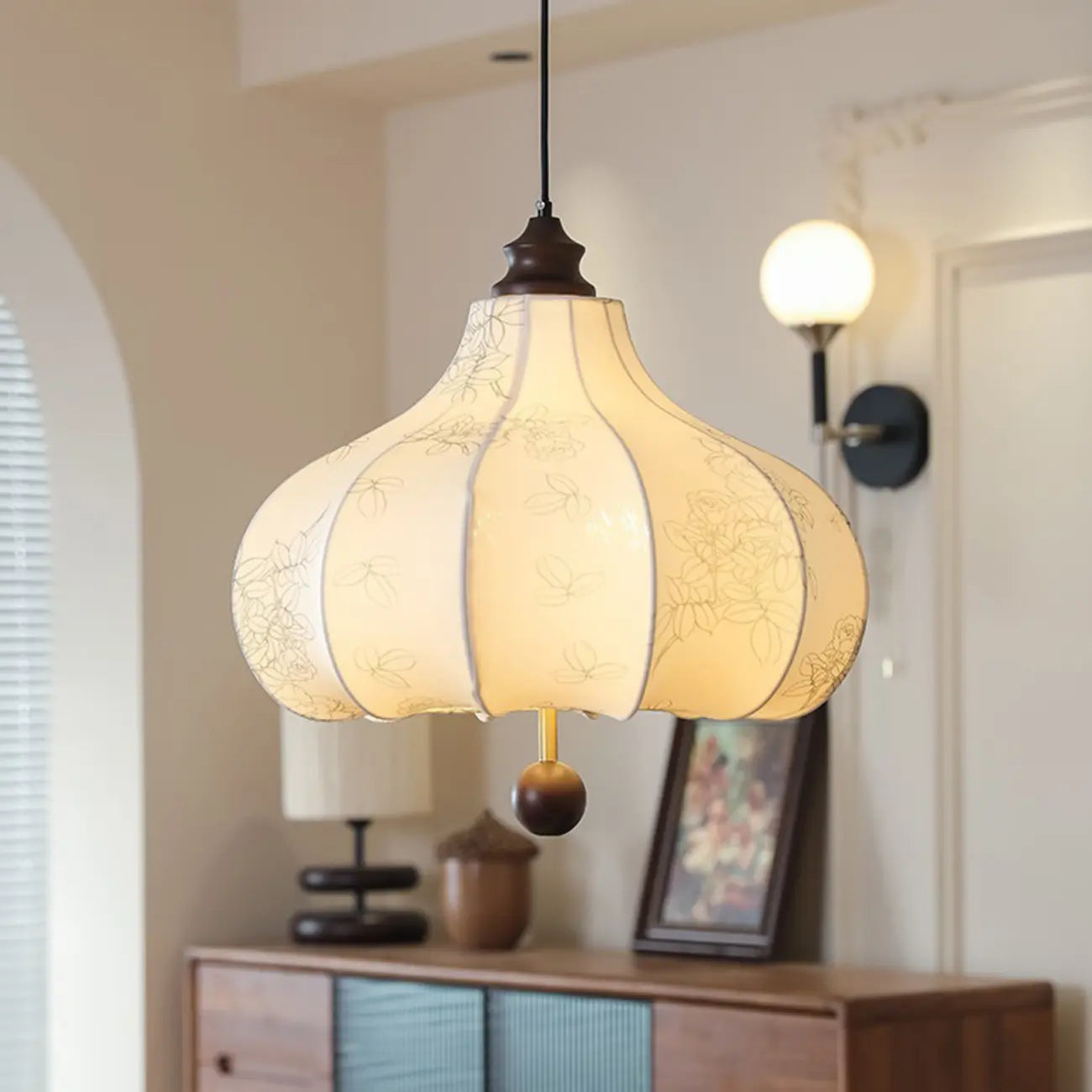 Lustre lanterne vintage réglable avec abat-jour en tissu