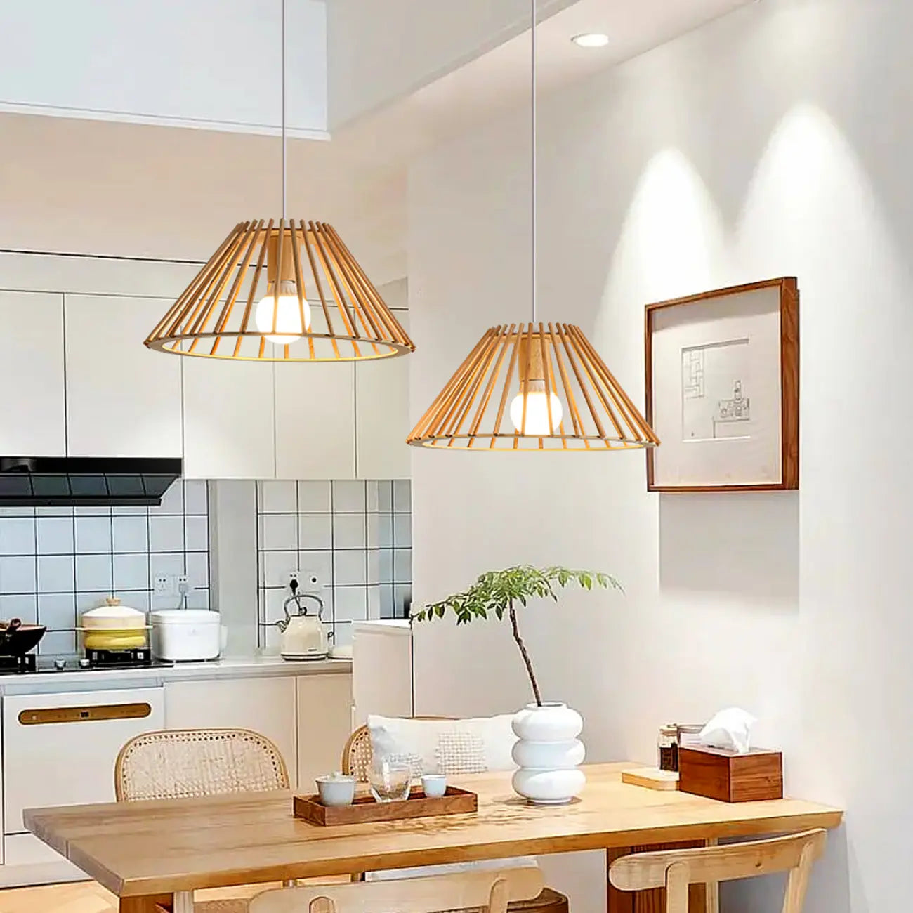 Suspension géométrique moderne en bois à 2 lumières pour salle à manger