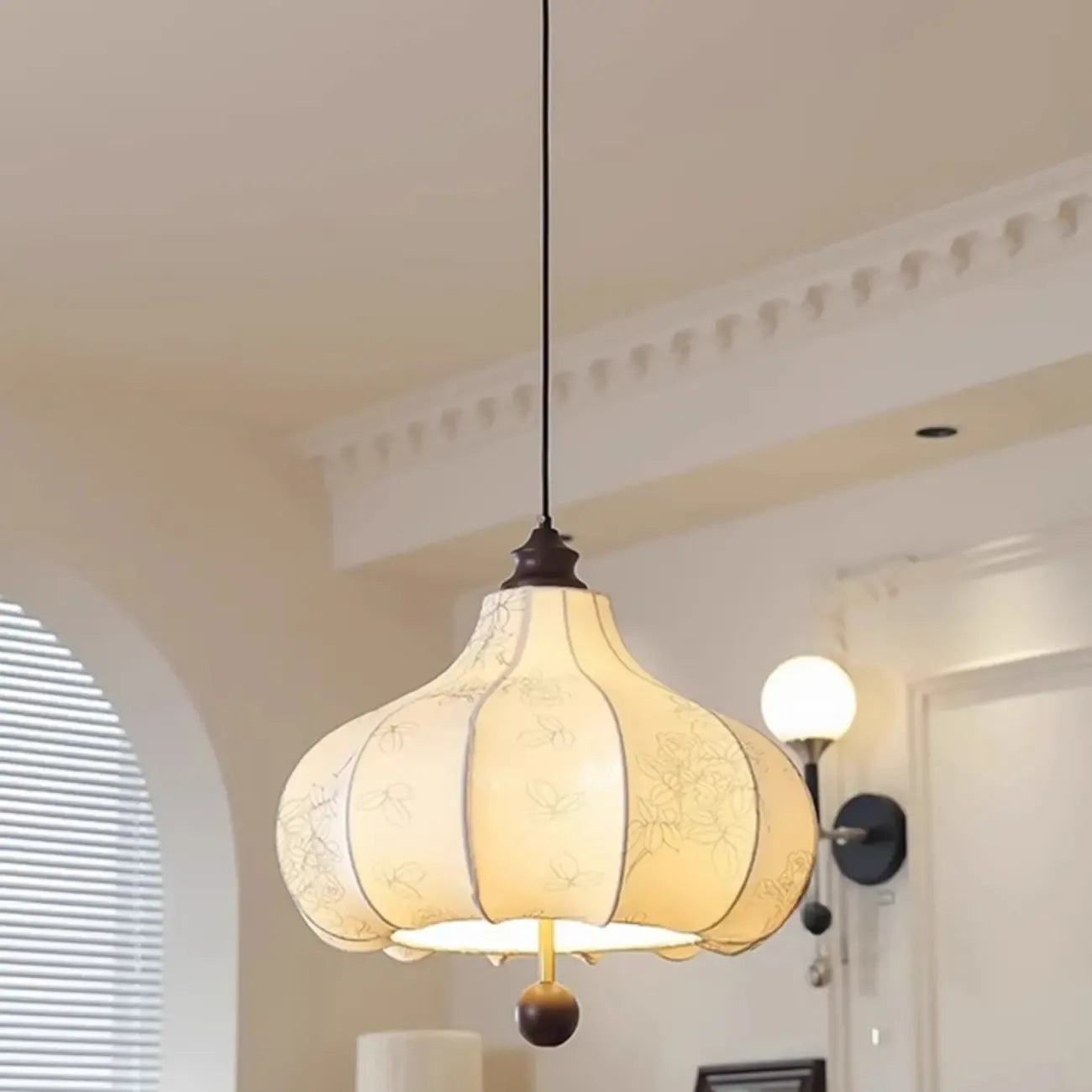 Lustre lanterne vintage réglable avec abat-jour en tissu