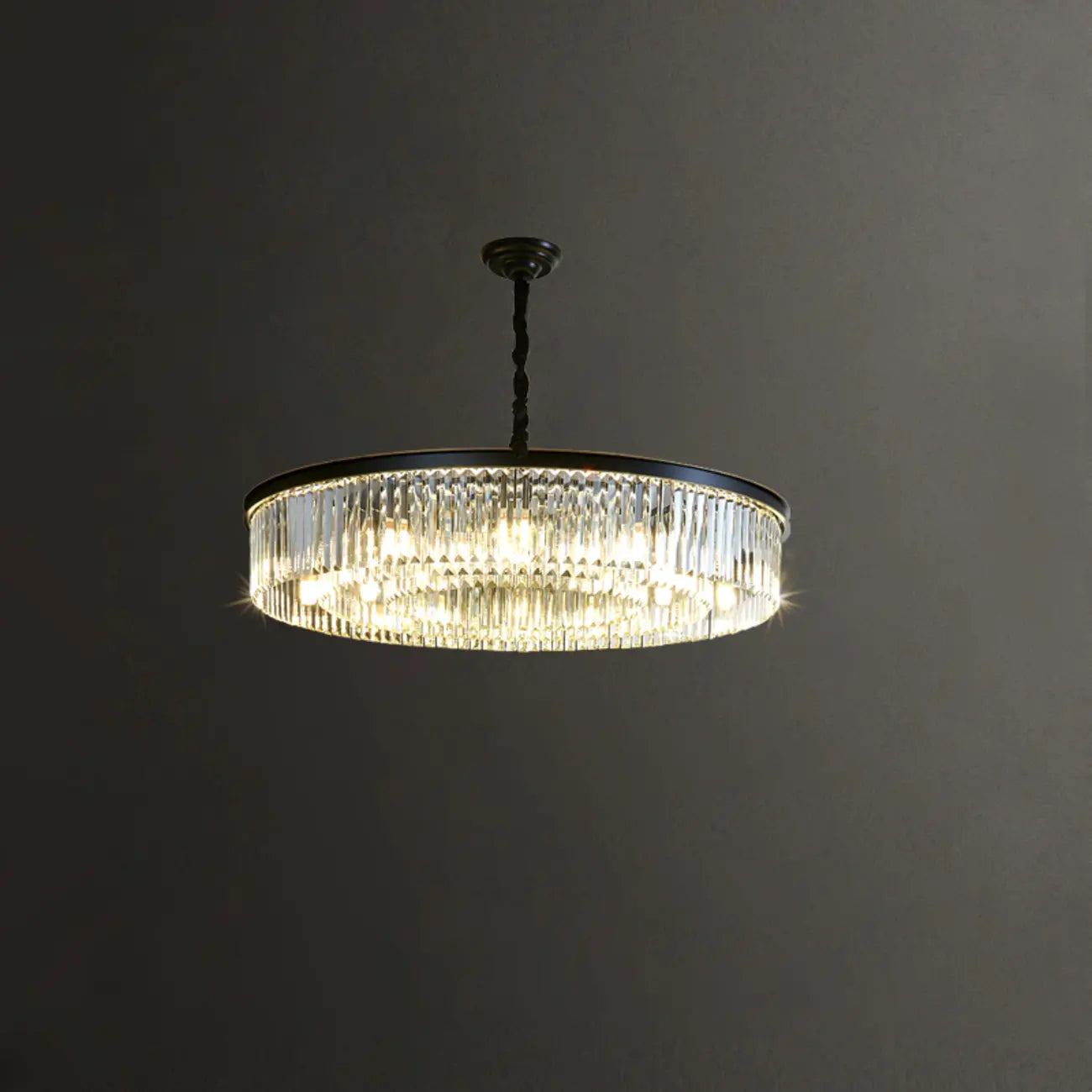 Lampadario moderno nero rotondo regolabile in cristallo
