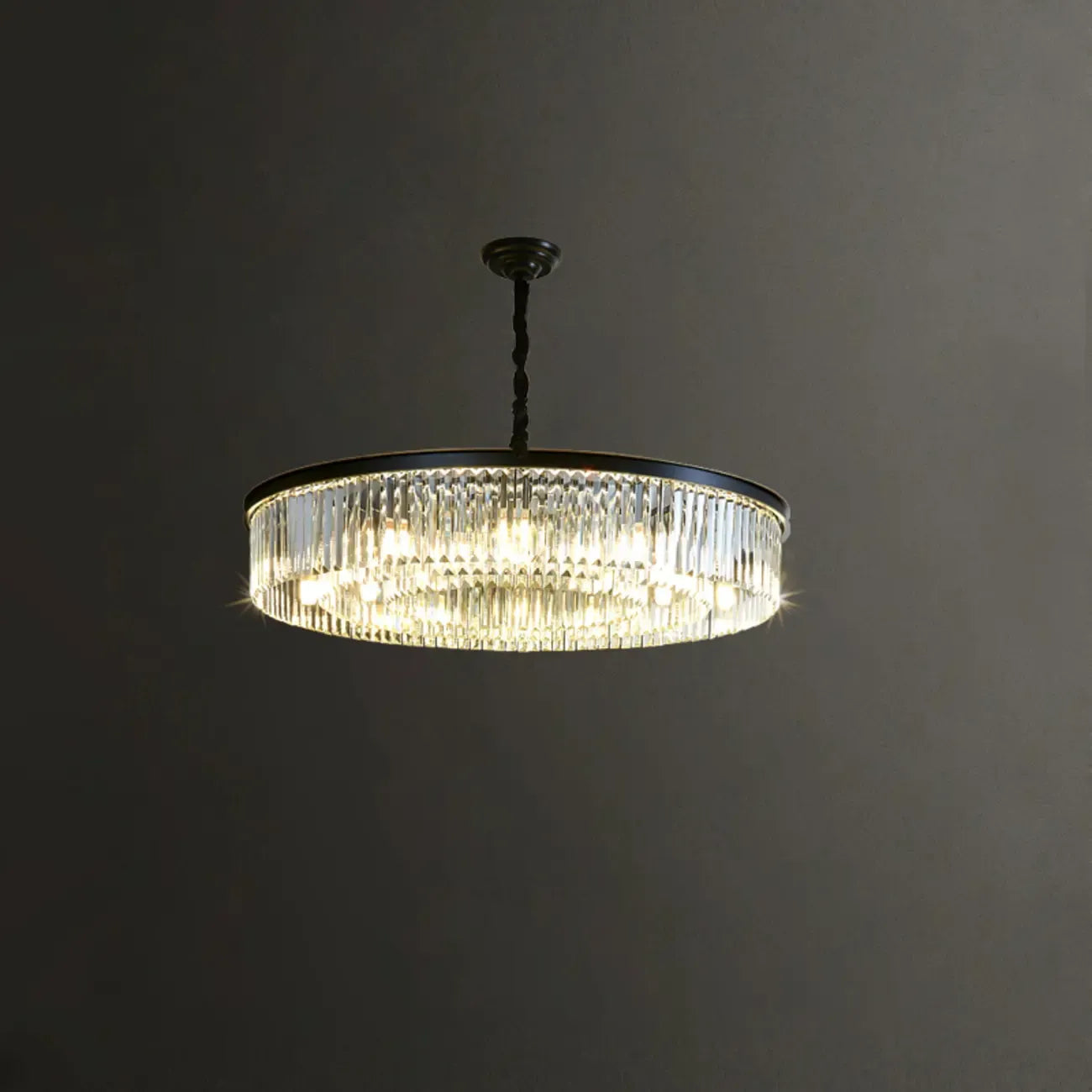 Lampadario moderno nero rotondo regolabile in cristallo