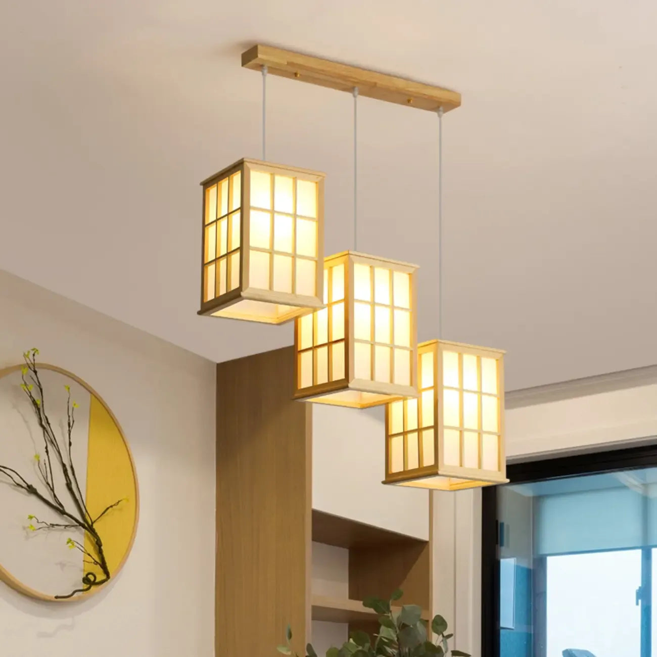 Lampadario a sospensione da isola a 3 luci in legno naturale di forma rettangolare
