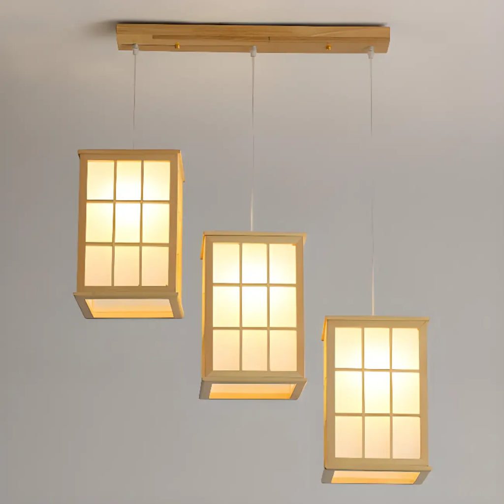 Lampadario a sospensione da isola a 3 luci in legno naturale di forma rettangolare