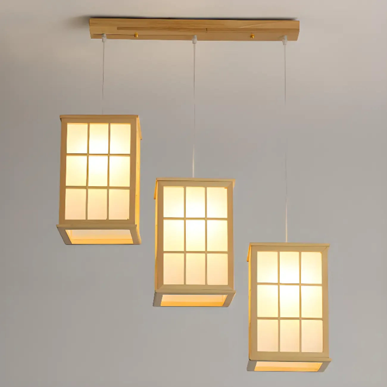 Lampadario a sospensione da isola a 3 luci in legno naturale di forma rettangolare