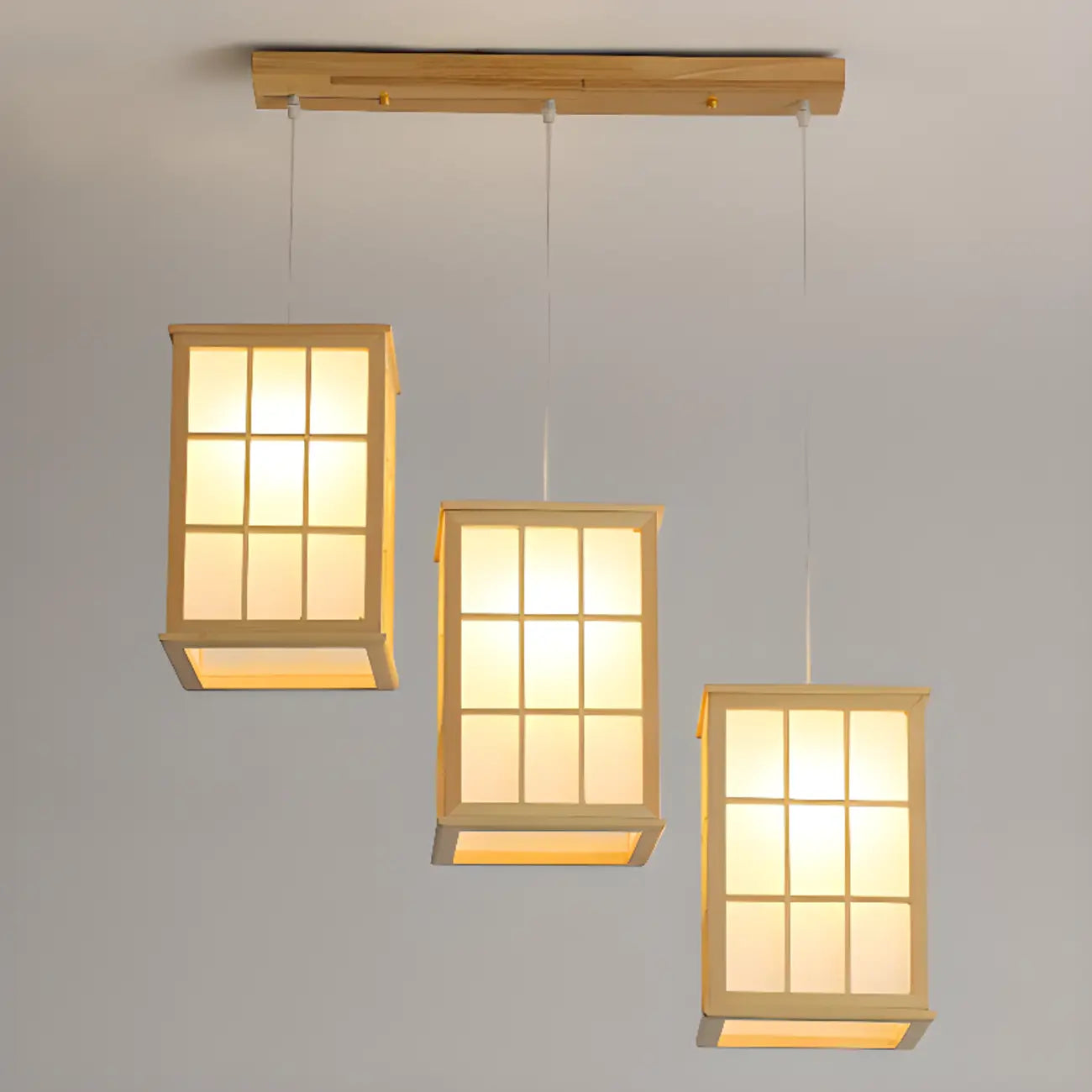Lampadario a sospensione da isola a 3 luci in legno naturale di forma rettangolare