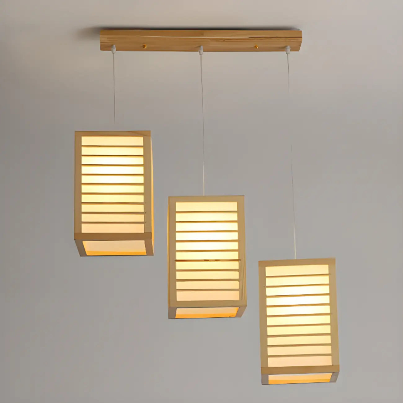 Lampadario a sospensione da isola a 3 luci in legno naturale di forma rettangolare