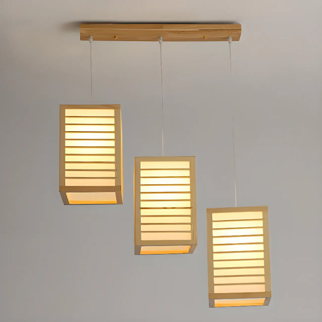 Lampadario a sospensione da isola a 3 luci in legno naturale di forma rettangolare