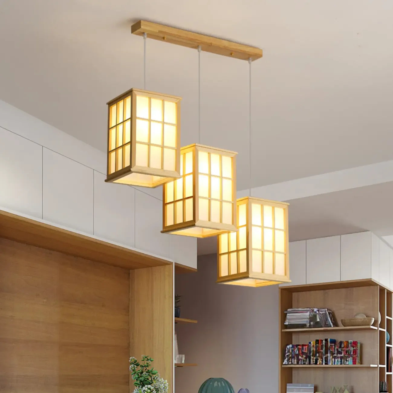 Lampadario a sospensione da isola a 3 luci in legno naturale di forma rettangolare